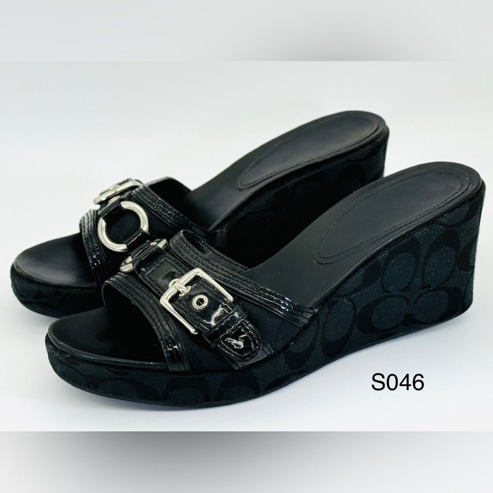 COACH Women Wedge Sandals Heels Buckle 7.5 Black